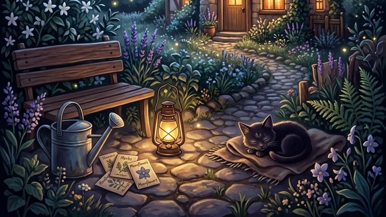 A moonlit cottage garden with a watering can, seed packets and a lantern.