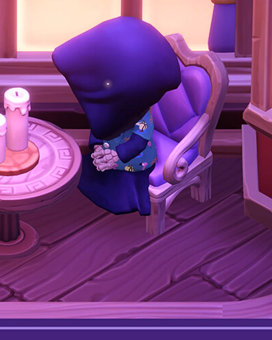 Death, a hooded figure in a blue floral shirt, sits at a candlelit table.