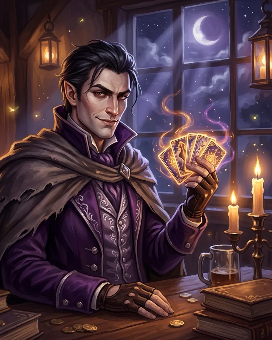 Dragan, a brooding vampire duelist holding glowing Nokturna cards.