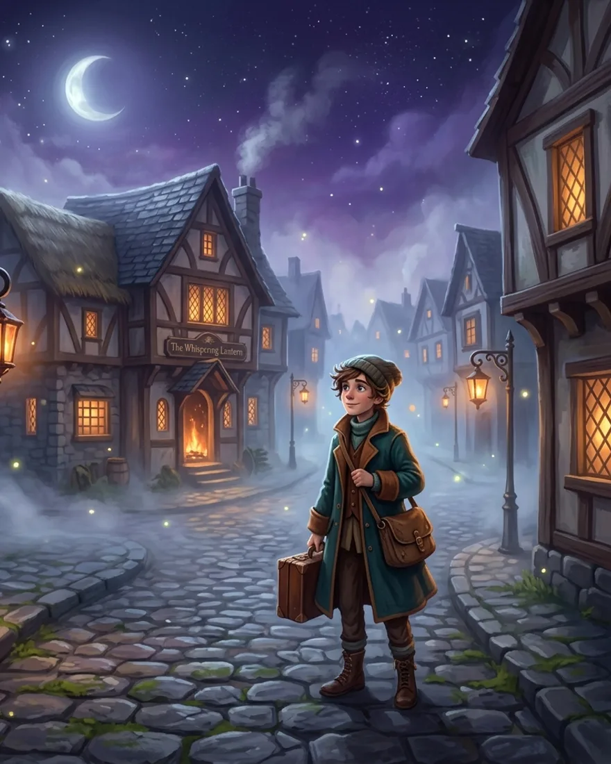 Fiona, a curious newcomer arriving in a misty moonlit town square.