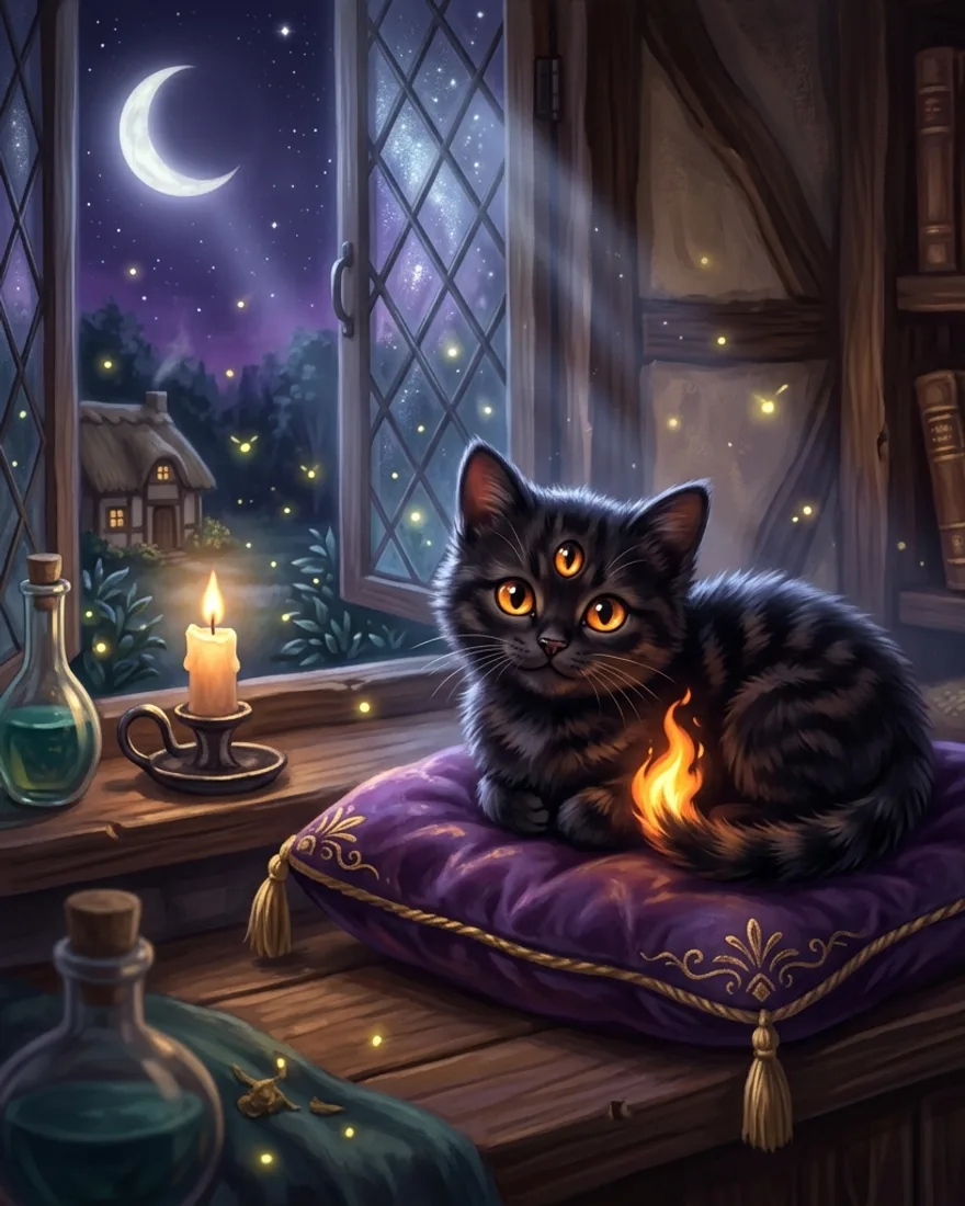 Three-Eyed Hellkitten, a cute black kitten with three glowing amber eyes.