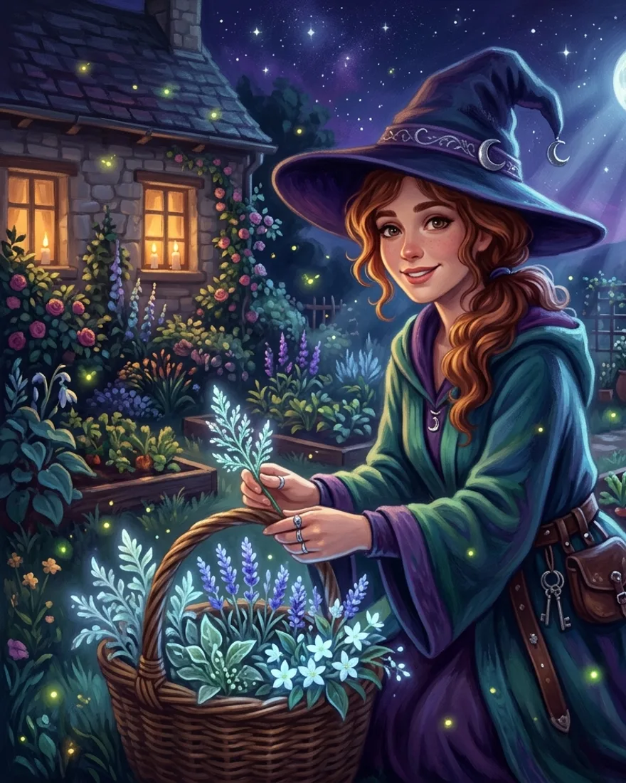 Luna, a gentle witch in a wide-brimmed hat tending glowing moonlit herbs.