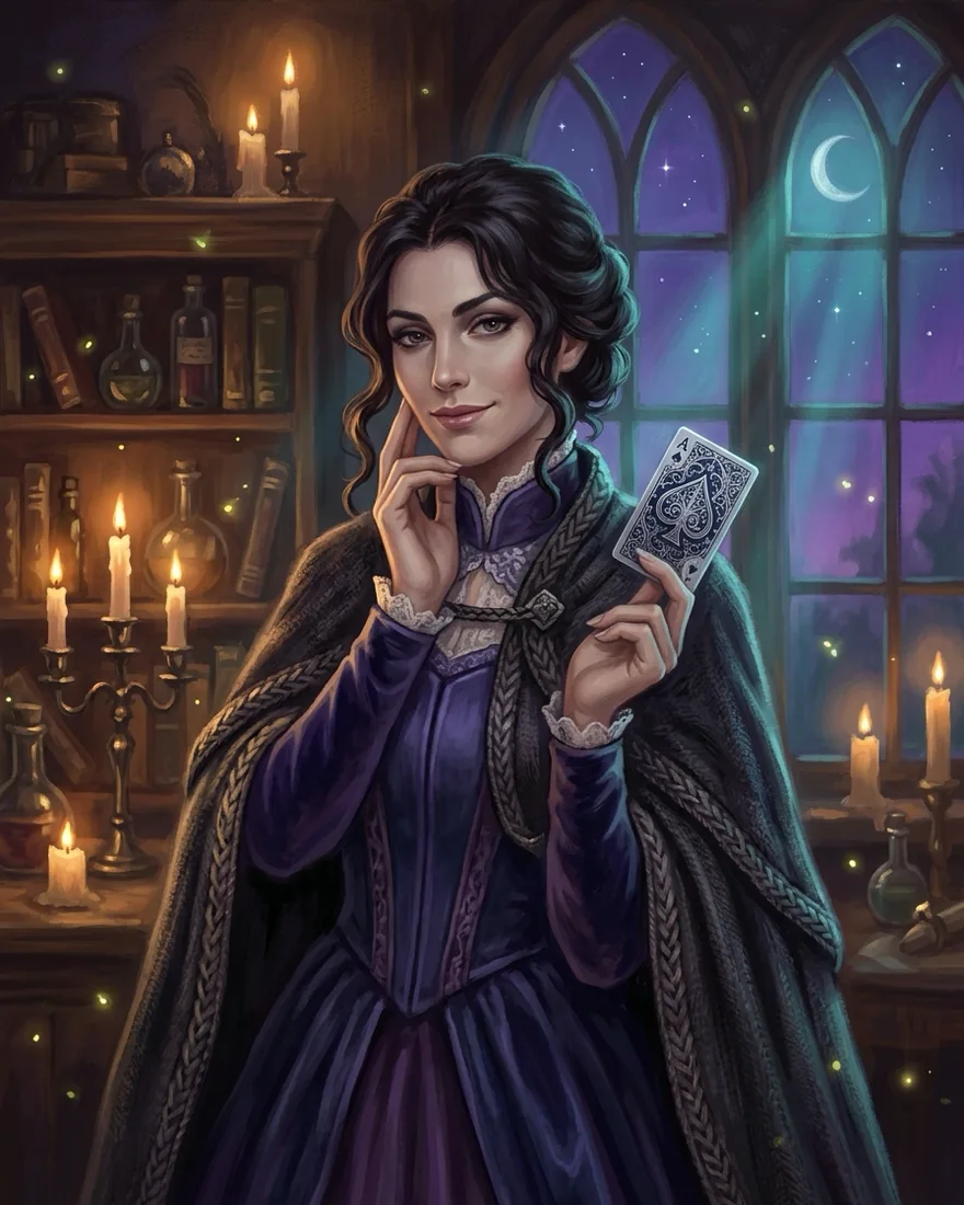 Olivia, an elegant character holding a single ornate playing card.