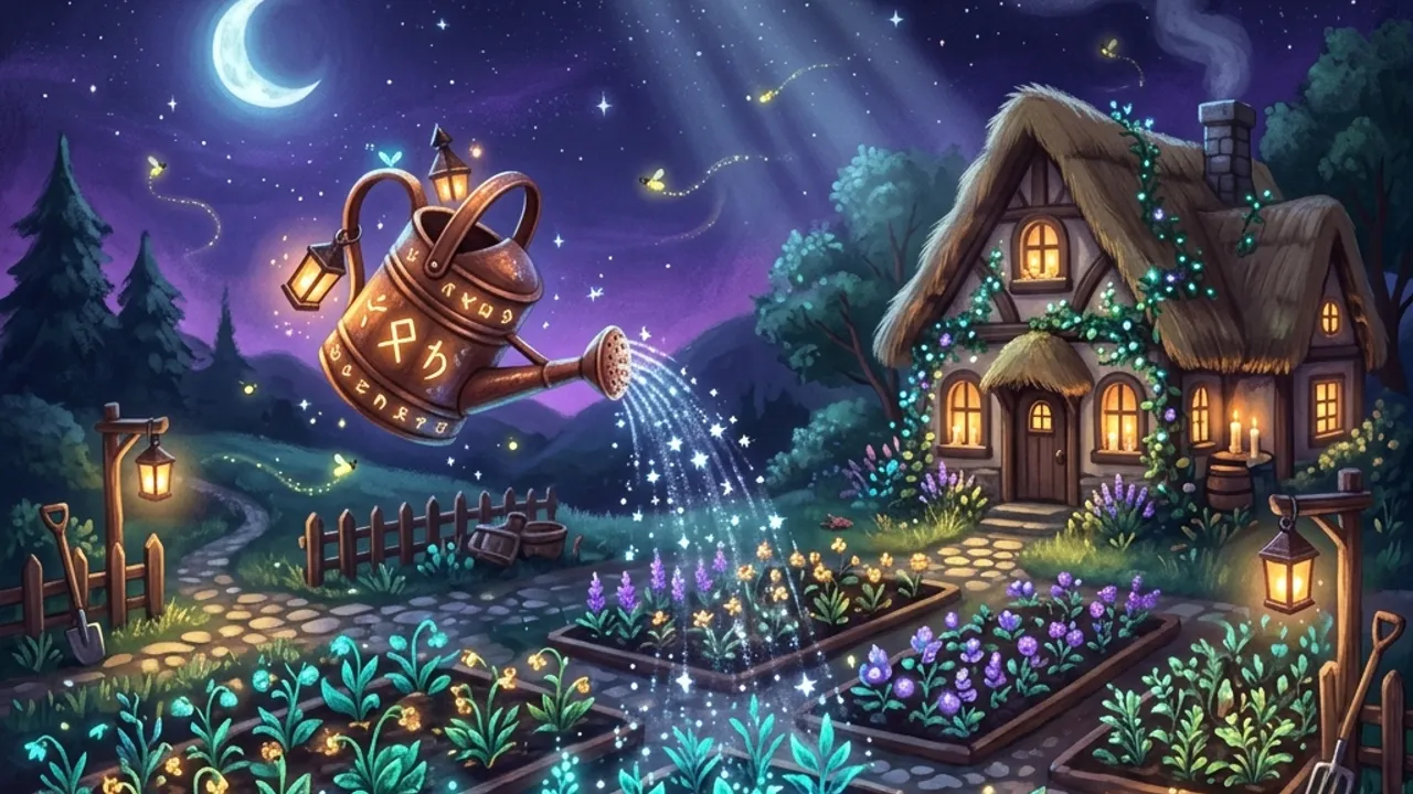 Rows of glowing enchanted crops on a night farm.