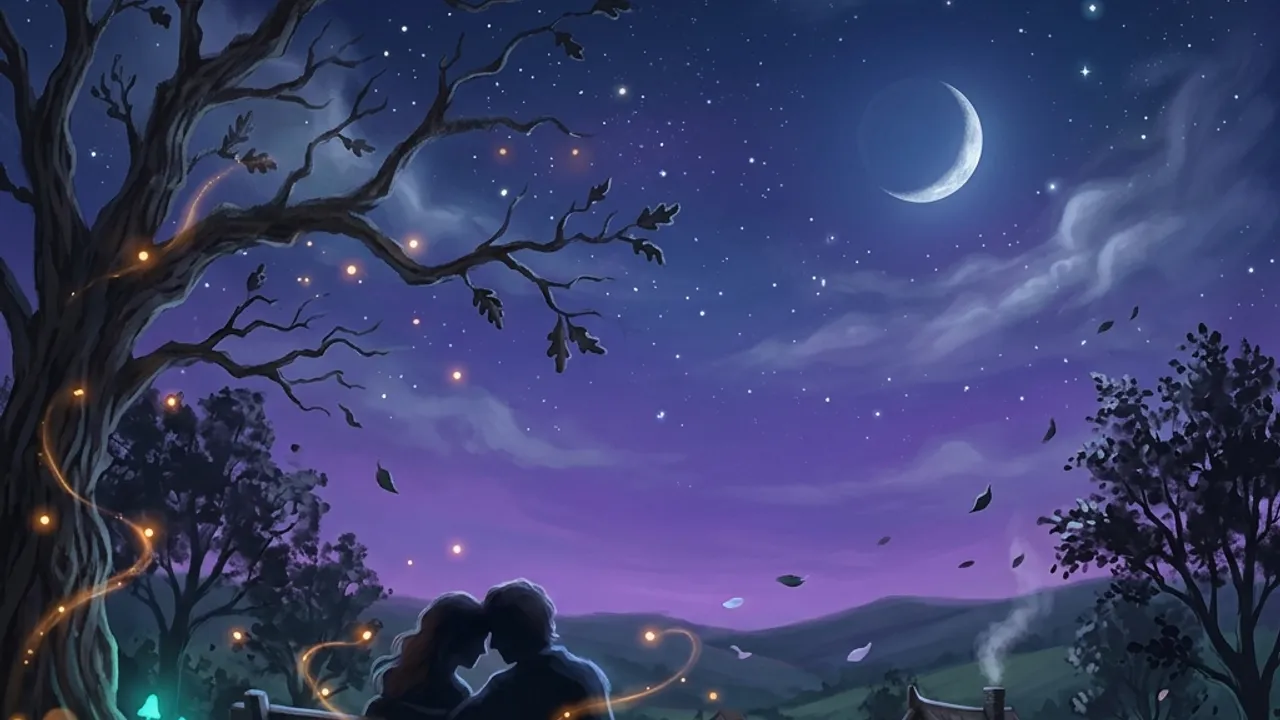 Two softly lit silhouettes sharing a tender moment on a hilltop bench beneath a crescent moon.